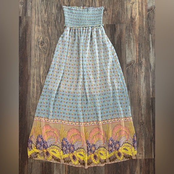 Lani Smocked Strapless Maxi Hawaiian Dress Women’s Lg Blue Yellow Salmon Floral - Picture 2 of 10